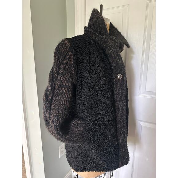 Vintage Persian lamb cable knit sleeves wool jacket coat vest black woman SZ L - Picture 8 of 16